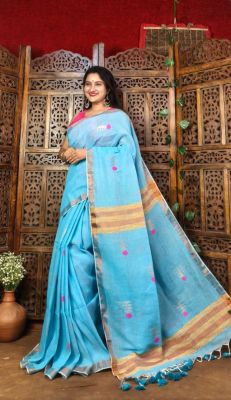 Sky Blue Linen By Linen Pure Handloom Saree From Bengal