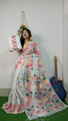 Off White Pure Handloom Cotton Saree From Bengal