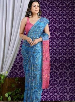 Sky Blue Pure Handloom Madhubani Saree From Bengal