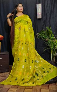 Lemon Yellow Leaf Design Pure Handloom Soft Dhakai Jamdani Saree