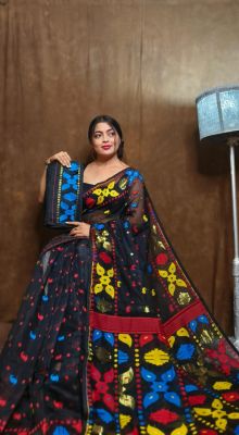 Black Pure Handloom Jamdani Saree From Bengal