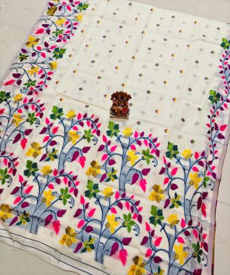 White Pure Handloom Muslin Silk Saree From Bengal
