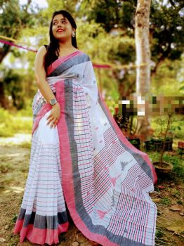 White Buti Checks Pure Handloom Cotton Saree