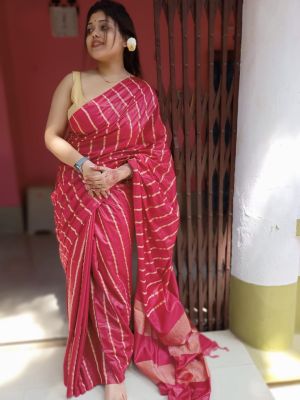 Red Tussar Silk Pure Handloom Saree From Bengal