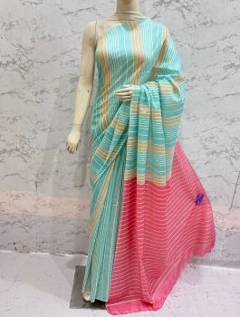 Greyish Teal Kota Silk Flag Stripe Saree From Bhagalpur