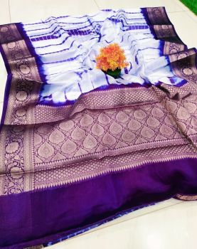 Purple White White Printed Pure Handloom Silk Saree