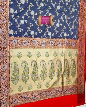 Navy Blue Flower Design Silk Ikat Patola Saree