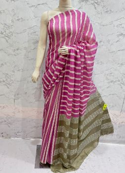 Raspberry Pink Kota Silk Flag Stripe Saree From Bhagalpur
