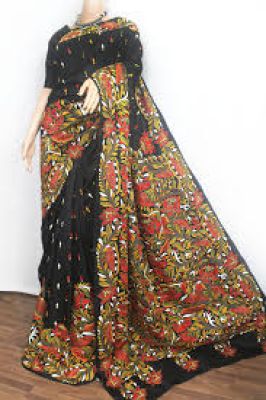 Black Handloom Kantha Stitch Saree From Bengal