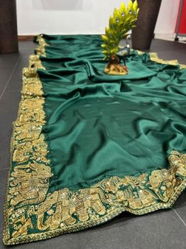 Bottle Green Plain Body Sequence Thread Work Satin Saree