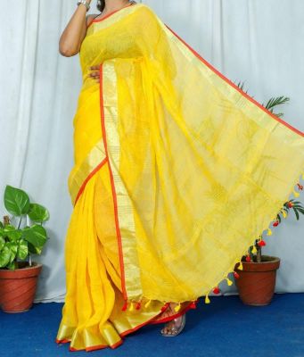 Yellow Pure Handloom Linen Saree From Bengal