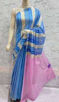 Light Navy Blue Kota Silk Flag Stripe Saree From Bhagalpur