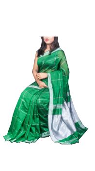 Green Silver Zari Checks Motif Silk Cotton Zatika