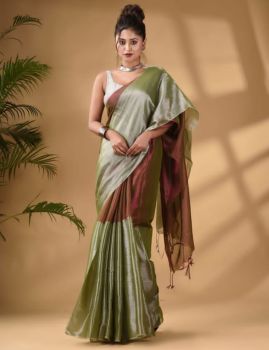 Olive Brown Rustic Brown Pure Handloom Tissue Saree From Bengal