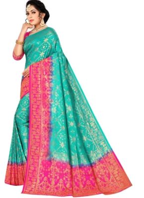 Aqua Blue Pure Handloom Art Silk Saree From Banaras