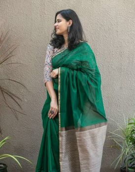 Green Mangalagiri Saree With Pattu From Bhagalpur