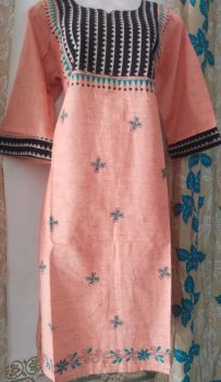 Peach Colour Kantha Embroidery Design Kurti