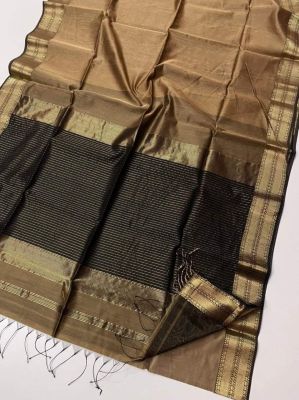 Coffee Brown Black Pure Handloom Maheshwari Silk Cotton Saree From Bengal