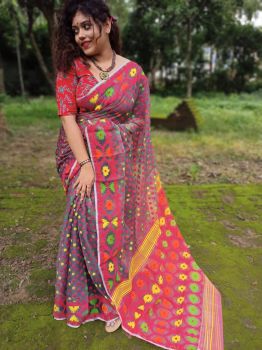 Gray & Red Hajar Buti Jamdani Cotton Silk From Bengal Saree