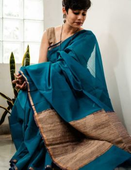 Peacock Blue Mangalagiri Saree With Pattu From Bhagalpur