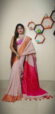 Light Pink Pure Handloom Tissue Silk Saree From Bengal