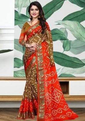 Brown Red Pure Handloom Bandhani Silk Saree From Banaras