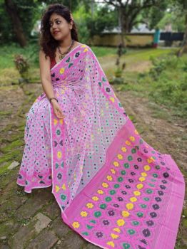 White & Pink Hajar Buti Jamdani Cotton Silk Saree