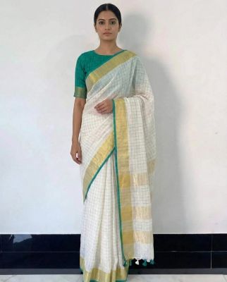 White Linen Check Design Pure Handloom Saree From Bhagalpur