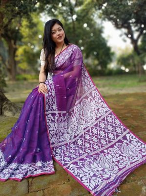 Purple Dhakai Jamdani Pure Handloom Cotton Saree From Bengal
