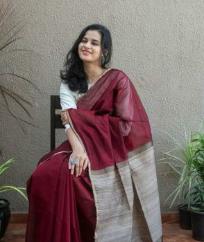 Dark Maroon Mangalagiri Saree With Pattu From Bhagalpur