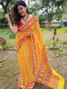 Yellow & Red Hajar Buti Jamdani Cotton Silk saree