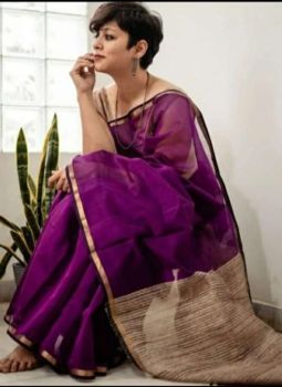 Purple Mangalagiri Saree With Pattu From Bhagalpur