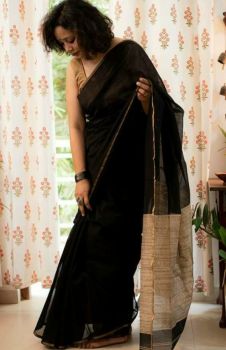 Black Mangalagiri Saree With Pattu From Bhagalpur