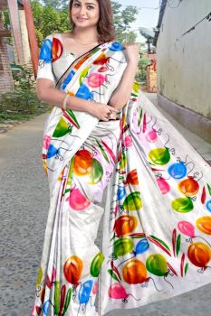 White Cotton Holi Printed Balloon Design Saree