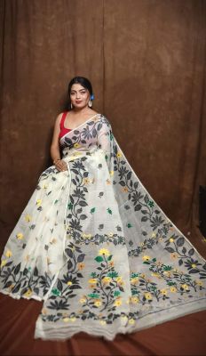 White Pure Handloom Dhakai Jamdani Saree From Bengal