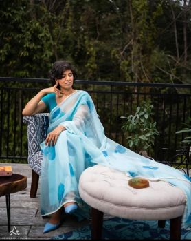Sky Blue Pure Organza Flower Design Saree