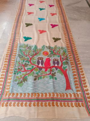Cream Pure Handloom Kantha Silk Saree From Bengal