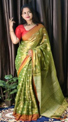 Green Handloon Tissue Cotton Saree From Bengal