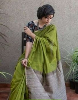 Mehandi Green Mangalagiri Saree With Pattu From Bhagalpur