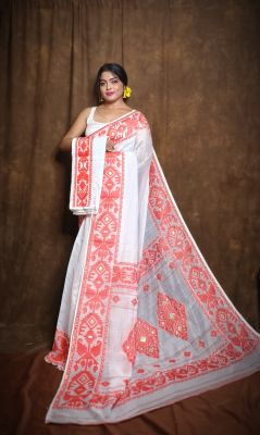 White Pure Handloom Dhakai Jamdani Saree From Bengal