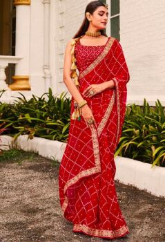 Red Pure Handloom Georgette Saree From Banaras