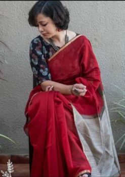 Brick Red Mangalagiri Saree With Pattu From Bhagalpur