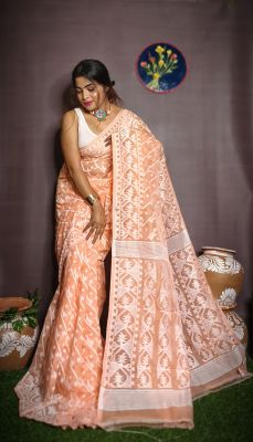 Pale Orange Pure Handloom Dhakai Jamdani Saree From Bengal