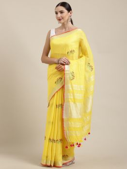 Lemon Yellow  Embroidery Slub Cotton Saree