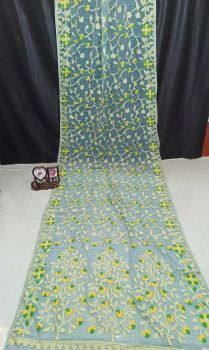 Blue Pure Handloom Dhakai Jamdani Cotton Saree From Bengal