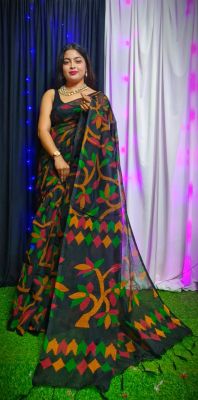 Black Pure Handloom Dhakai Jamdani Saree From Bengal