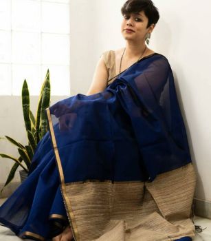Navy Blue Mangalagiri Saree With Pattu From Bhagalpur
