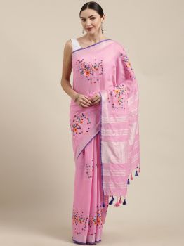 Baby Pink Embroidery Slub Cotton Saree