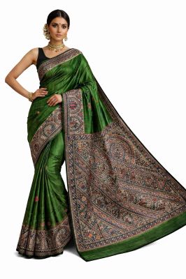 Green Pure Handloom Madhubani Tussar Silk Saree from Bhagalpur