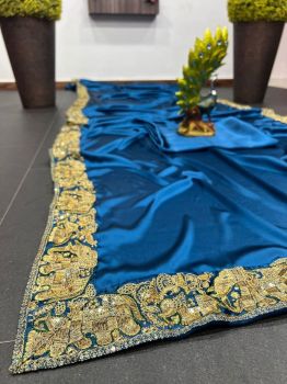 Blue Plain Body Sequence Thread Work Satin Saree